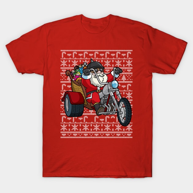 Santa Claus Riding Motorcycle Ugly Christmas Sweater T-Shirt by E